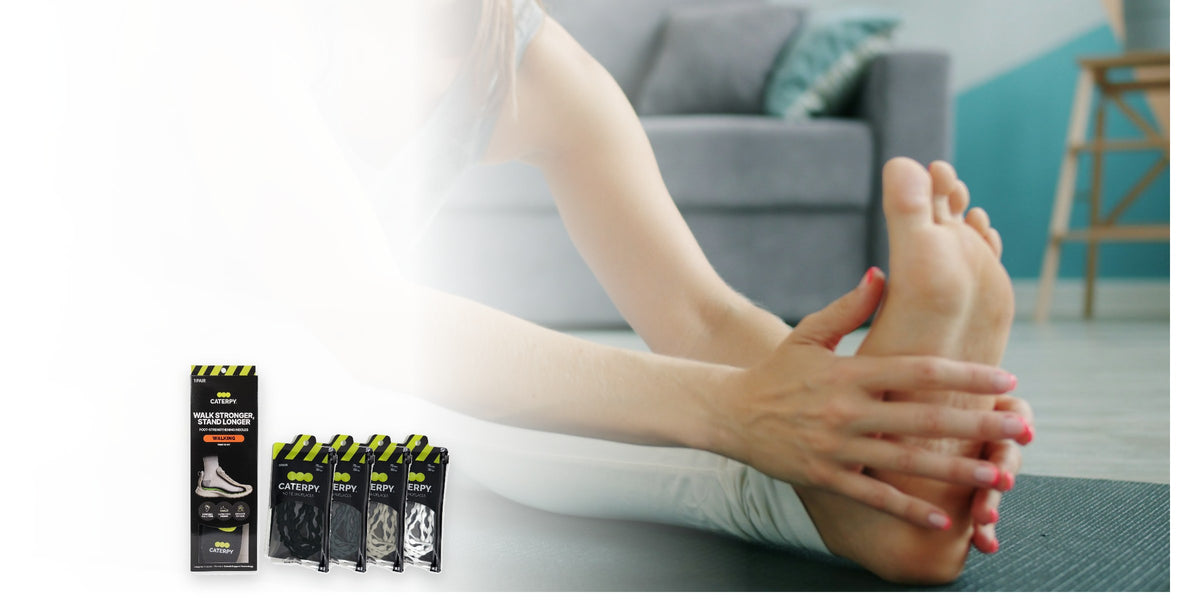 Woman stretching her foot at home with the Caterpy Foot Health Bundle
