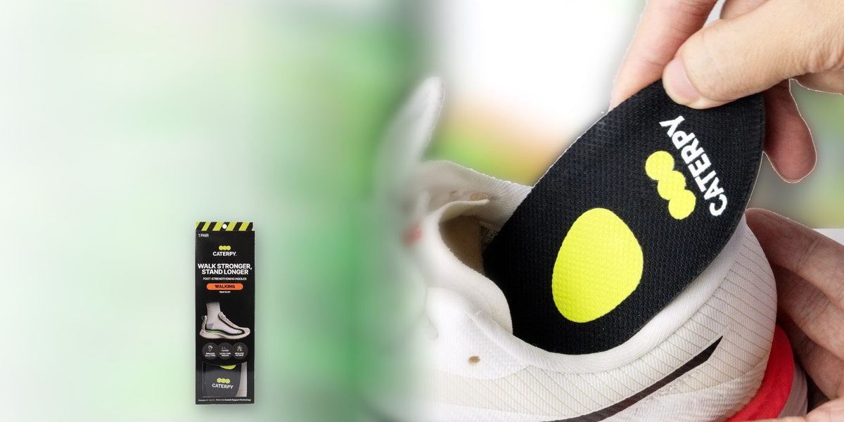 Hand sliding a Caterpy Cuboid Support Insole into a sneaker